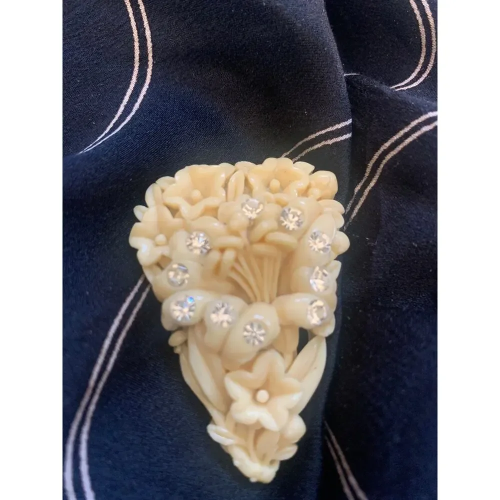 Vintage Early 1900s Bakelite Clip | Rhinestone Adorned Bakelite Dress Clip